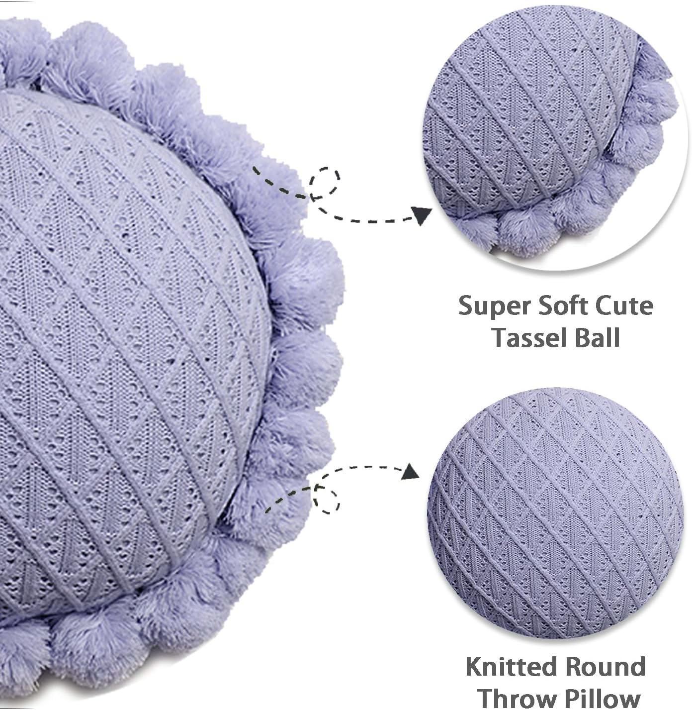 Acrylic Knitted Round Throw Pillow Knitting Bohemian Circular Cushion Pillow with Knit Handmade Pompoms Decorative Romantic Purple, Diameter 18inches
