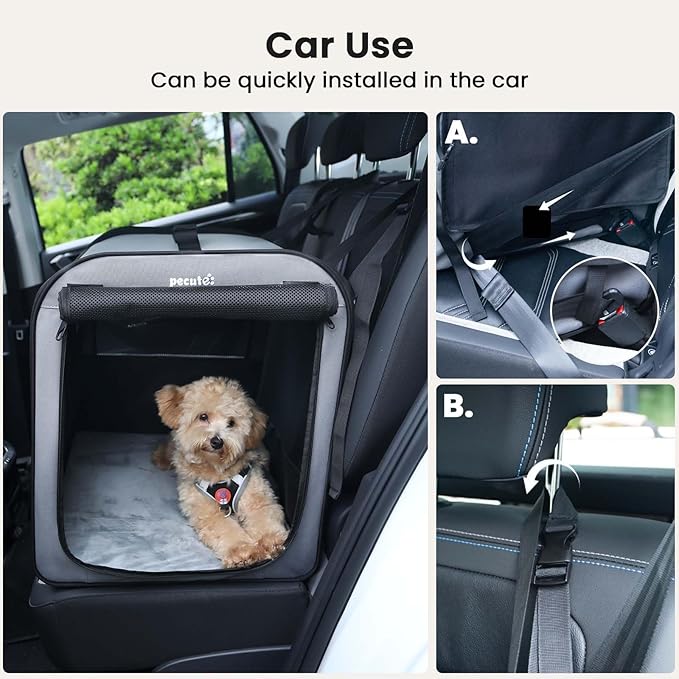 Dog Car Carrier Light Weight, Dog Carrier for Car Easy to Assemble, Dog Car Crate Portable and Breathable, Foldable Pet Carrier for Both Indoor and Outdoor Use, Dog Travel Crate with Curtain Gray