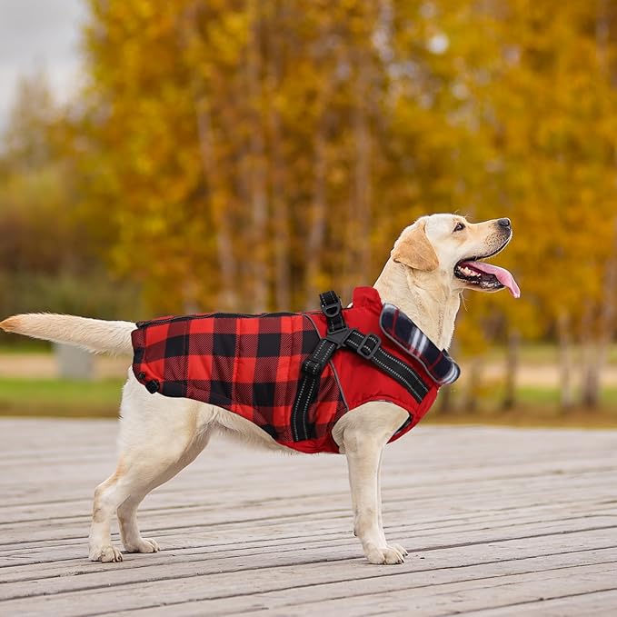 Dog Coat with Harness,Small Dog Winter Coat,Doggie Jackets with Built in Harness,Adjustable Warm Jacket for Medium Large Dogs,Pet Puppy Cold Weather Coats for Dogs Waterproof (PlaidRed, XX-Large)