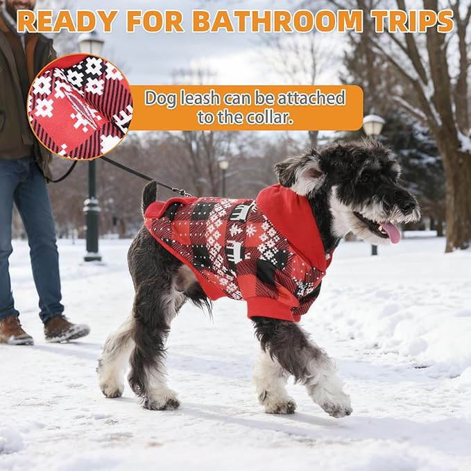 KOOLTAIL Christmas Dog Hoodie,Red Plaid Pet Clothes Sweater with Leash Hole&Pocket for Small Medium Large Dogs, Soft Winter Warm Dog Cold Weather Coat, Fleece Puppy Hooded Sweatshirt for Boys Girls, L
