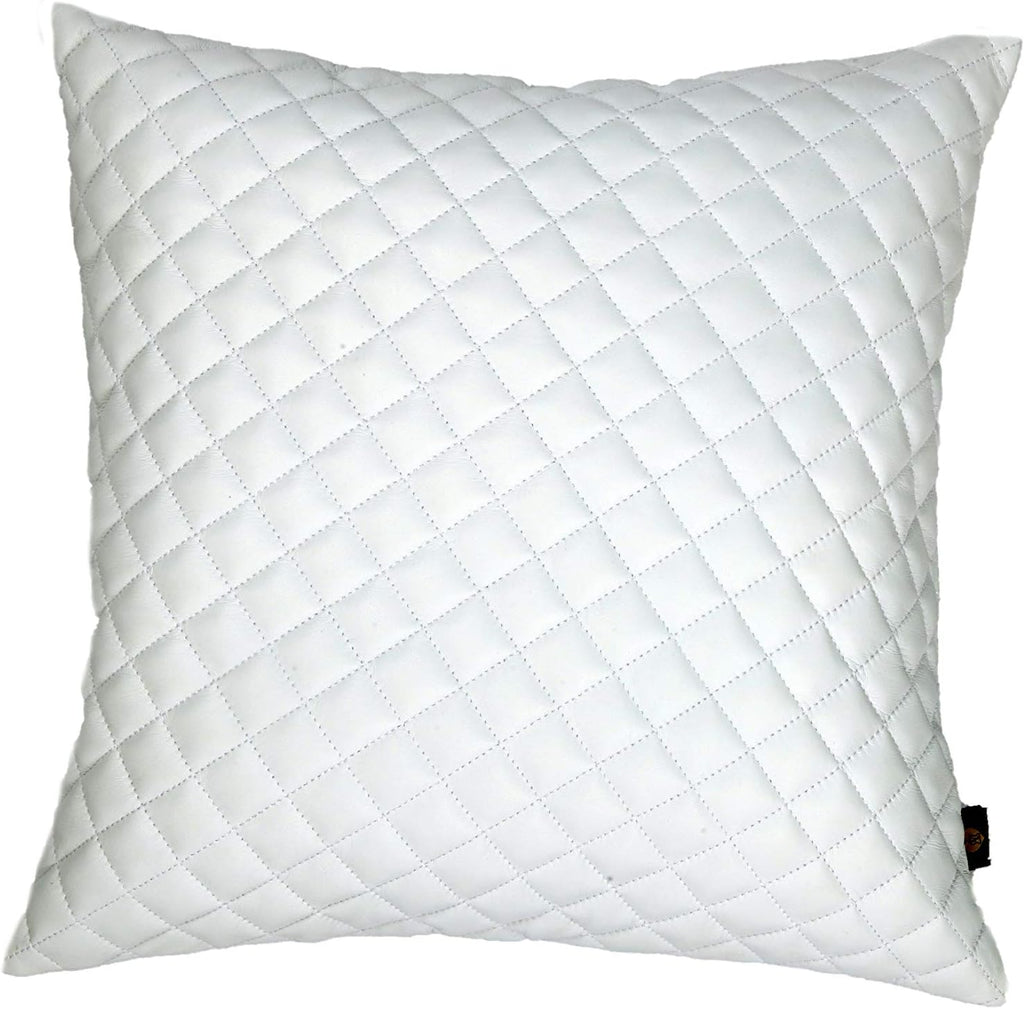 100% Lambskin Leather Diamond Lattice Pattern Pillow Cover - Sofa Cushion Case - Decorative Throw Covers for Living Room & Bedroom - 22x22 Inches - White Pack of 1