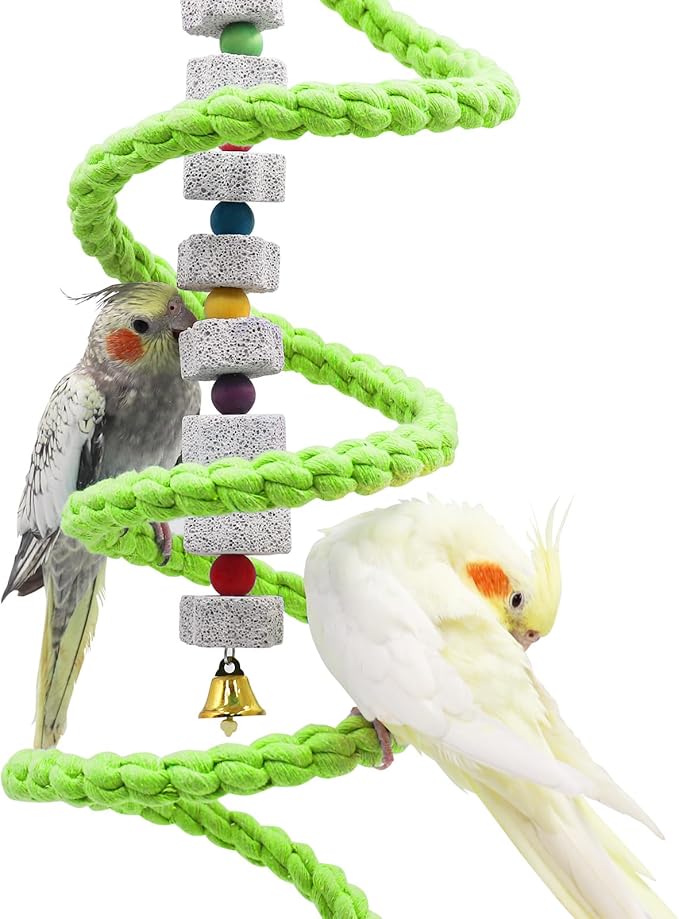 Spiral Rope Perch & Swing - Bird Cage Stand Pole Accessory - Climbing Toy for Parakeets, Budgies, Lovebirds & Cockatiels