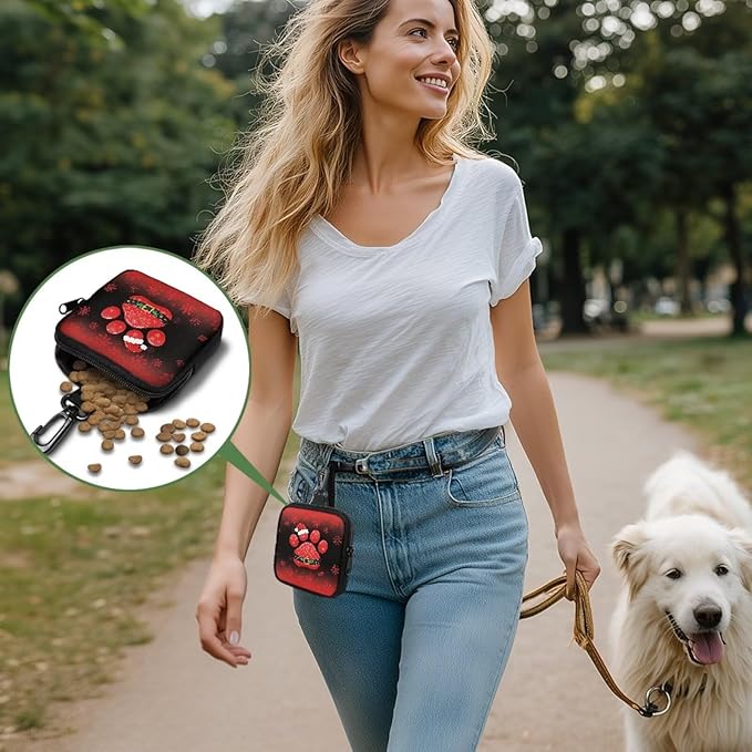 KEIAHUAN Christmas Paw Print Dog Treat Pouch Dog Training and Walks Snack Bag with Clasp Christmas Theme Pet Treat Container, Zipper Closure, Xmas Keychain Pouch Small Coin Bag