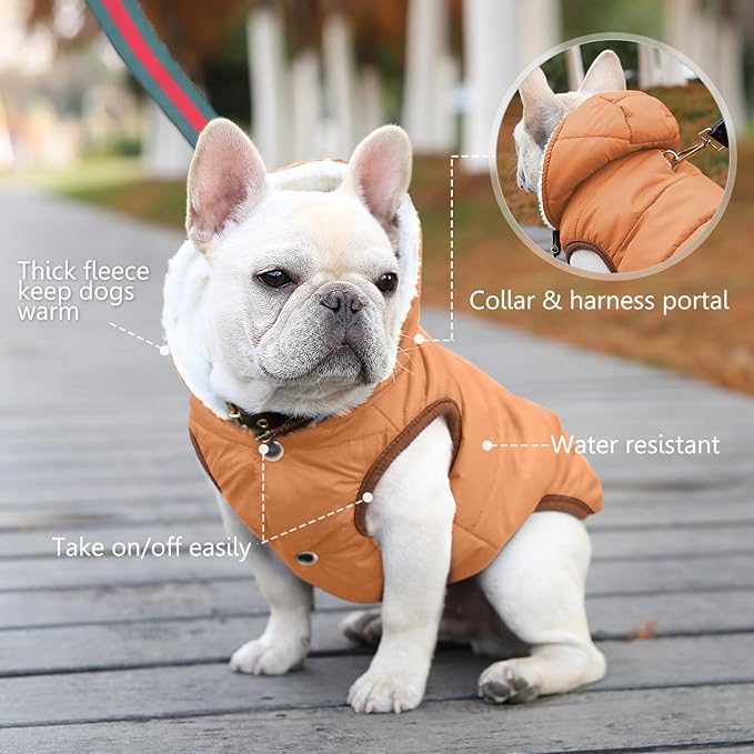 Fleece Hoodie, Windproof Waterproof Coat, Winter Warm Jacket, Cold Weather Pet Apparel Clothes Vest for Small Medium Large Dog Khaki, L
