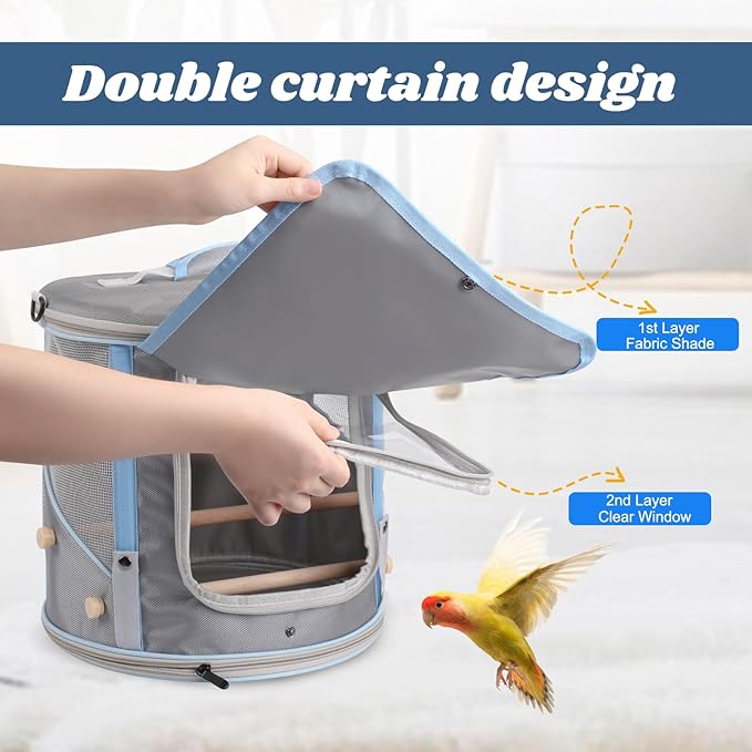 halinfer Bird Travel Carrier Cage for Small to Medium Size, Portable Parrot Parakeet Cockatile Conure Transport Cage with Clear Window and Fabric Shade, Round Carry Bird Bag