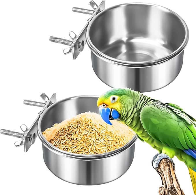 MotBach 2 Pack Bird Feeding Bowls Cups Parrot Food Water Dishes, Stainless Steel Bird Bowl Cup Dish with Clamp, Birdcage Feeder Pet Cage Bowls for Parrot Cockatiel Budgie Conure Parakeet Small Animal