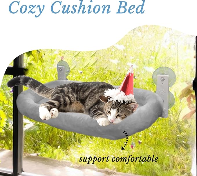 Extra Large Cat Window Perch (23.8×11.8in) - Washable 2-Season Fabric Cover, 4 Strong Suction Cups, Solid Metal Frame - Foldable Cat Hammock for Large Cats/2 Cats, Cordless Design (Grey)