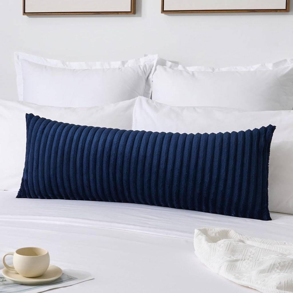 Kevin Textile Soft Plush 14x36 Inch Long Lumbar Pillow Cover 1 Pack, Luxury Fluffy Faux Fur Striped Flannel Rectangle Body Cushion Case for Couch Sofa Chair Bed Home Decor, Navy Blue