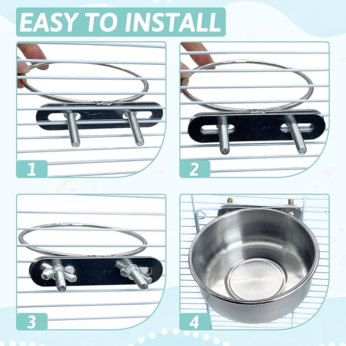 PINVNBY 2 PCS Stainless Steel Bird Bowl Parrot Food Water Bowls with Clamp Holder Bird Feeder Dish Cups Crate Bowls for Cockatiel Pigeons Conure Budgies African Greys (Double Screws Size: M)