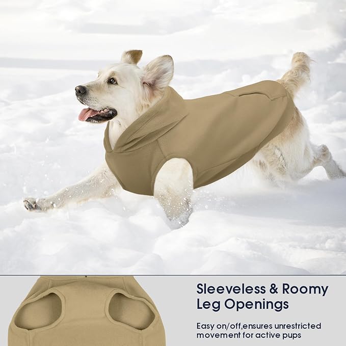 IECOii Warm Dog Hoodie for Large Dogs, Extra Large Dog Hoodie Fleece Vest with Leash Hole & Pocket, Big Dogs Sweatshirt for Giant Breed, Pullover Sleeveless Doberman, Great Dane Sweater, Khaki, 4XL