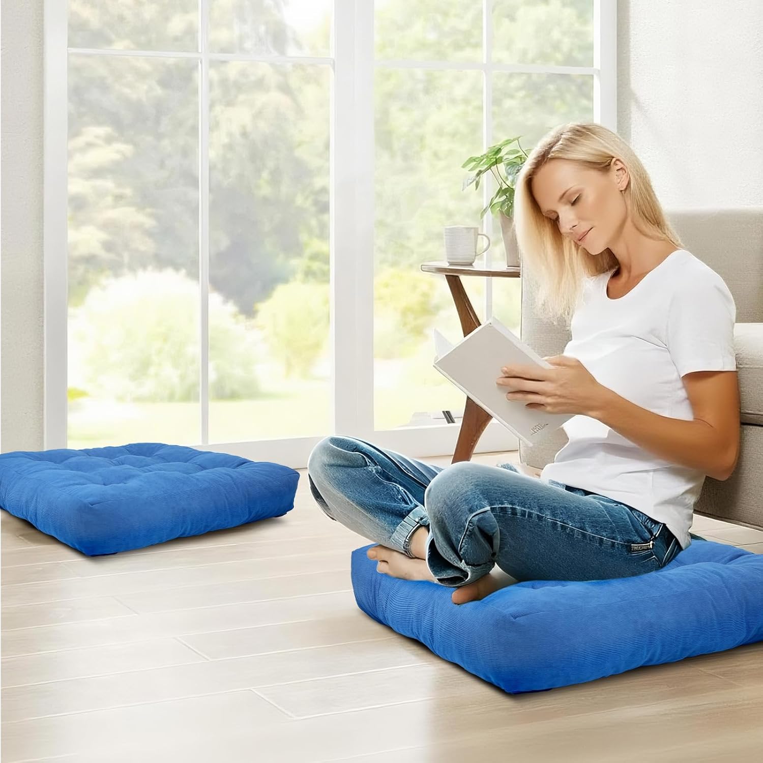 Meditation Floor Pillow Set of 2, Square Large Pillows Seating for Adults, Tufted Corduroy Cushion for Tatami Living Room, 22x22 Inch FP-Dblue