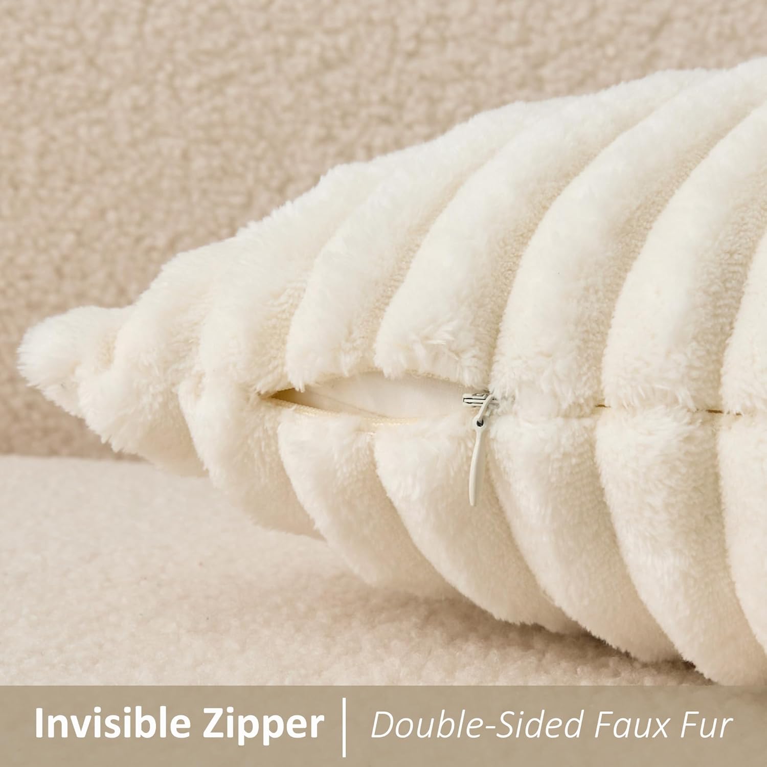 Kevin Textile Soft Plush 14x24 Inch Lumbar Pillow Cover 1 Pack, Luxury Fluffy Faux Fur Striped Flannel Rectangle Cushion Case for Couch Sofa Chair Bed Home Decor, Cream White