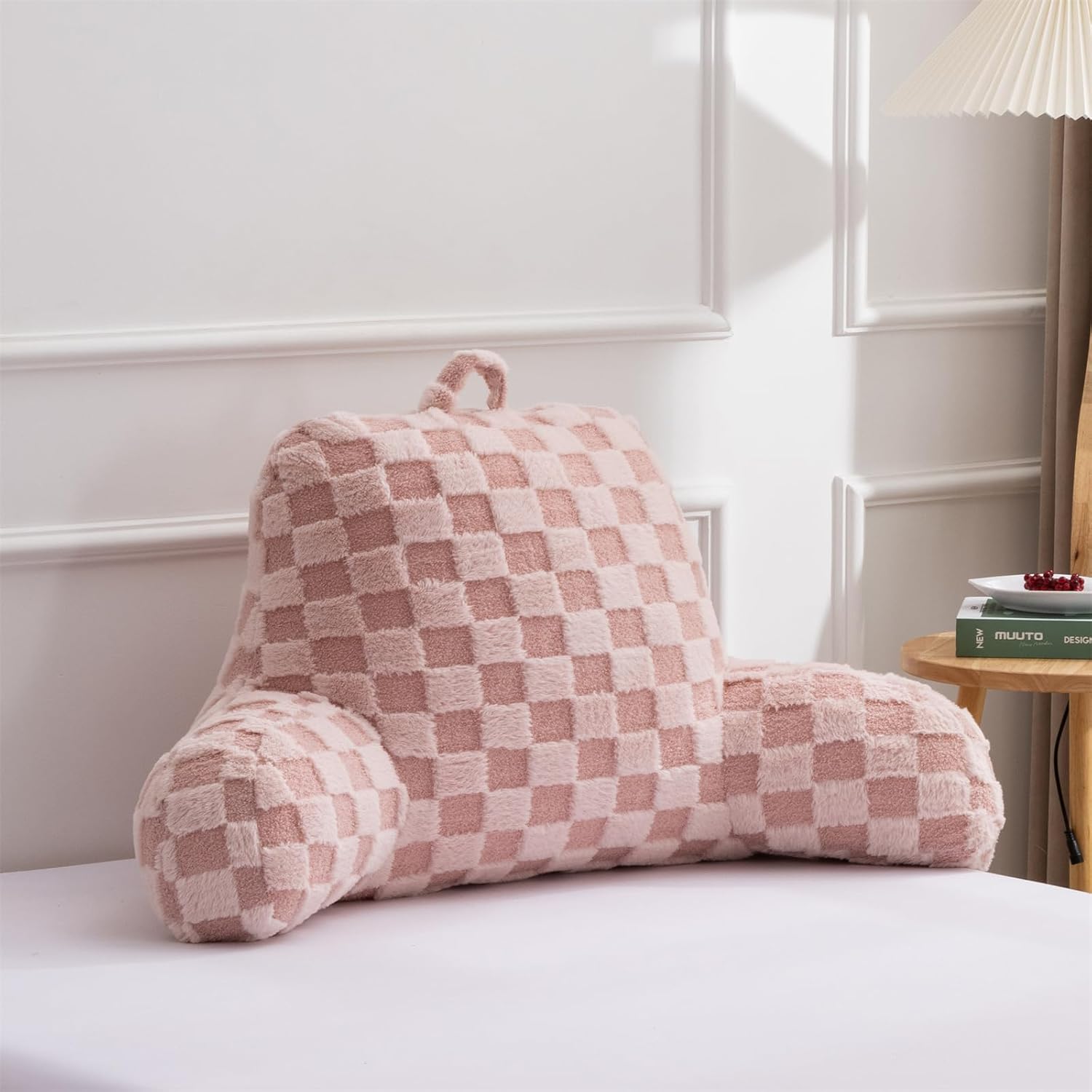 Aimuan Reading Pillow Checkered Bed Rest Wedge Backrest Checkerboard Pillow with Arms Back Support for Sitting Up in Bed Cushion Incline Rest Sleeping Snoring Pillow, Pink