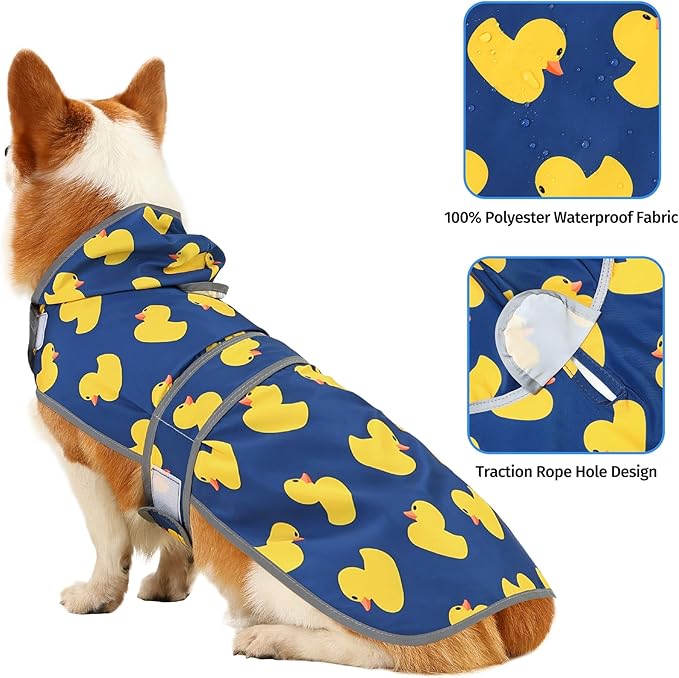 Dog Raincoat for Medium Dogs Waterproof Hooded Rain Jacket with Reflective Strips Leash Hole & Poncho Adjustable Fit (Duck,L)