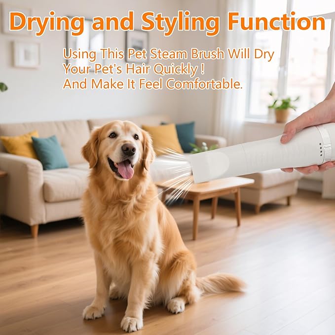 6 in 1 Dog Cat Steam Brush with Dryer - Pet Grooming Spray Brush for Shedding, Drying, Massaging, Deodorizing, Self-Cleaning - Includes Leave-In Pet Hair Care Solution - Easy to Use & Store Hide translation