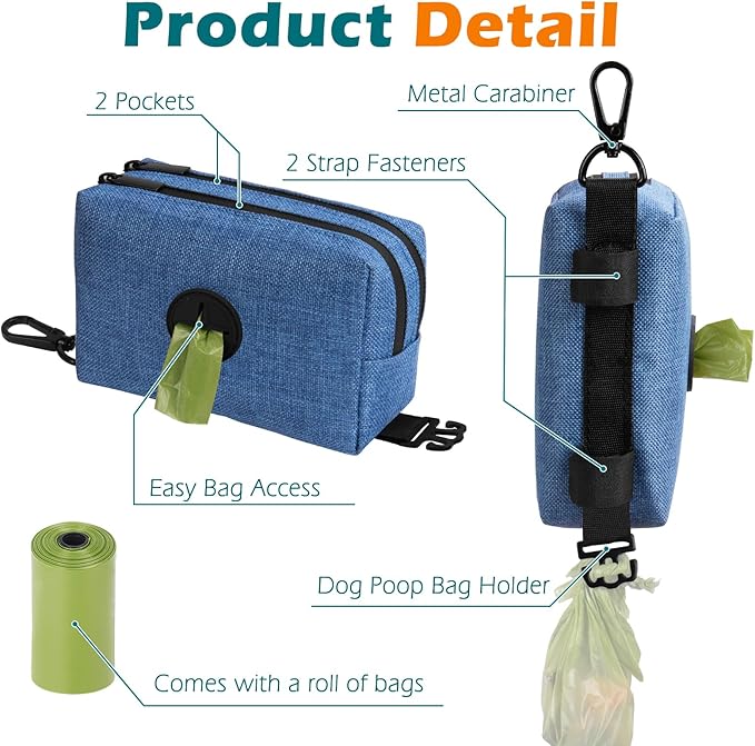 PetBonus Dog Poop Bag Holder, Portable Pet Waste Bag Dispenser, 2 Pouches for Treats and Walking Accessories, Fit All Leashes, Includes 1 Roll of Dog Poop Bags (Blue)