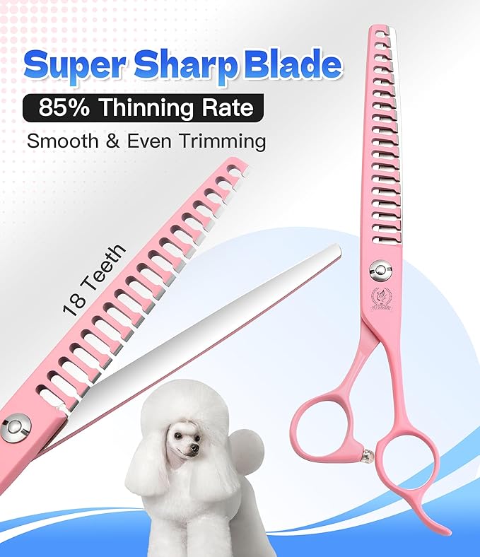 Fenice Peak 7" Professional Dog Grooming Scissors Set, Japanese 440C Stainless Steel Straight Thinning Curved Chunker Shears for Pet Grooming, Trimming Face, Paws, Pink