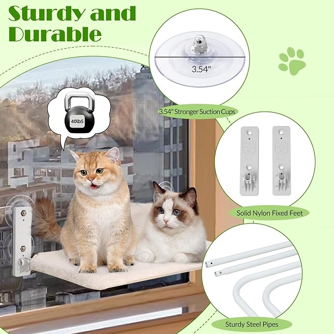 keny Cordless Cat Window Perch, Foldable Cat Window Hammock with 4 Suction Cups, Reversible Cover with Two Different Kinds of Fabrics, 40Lbs Load Capacity Sturdy Cat Window Bed for Cats Inside, White