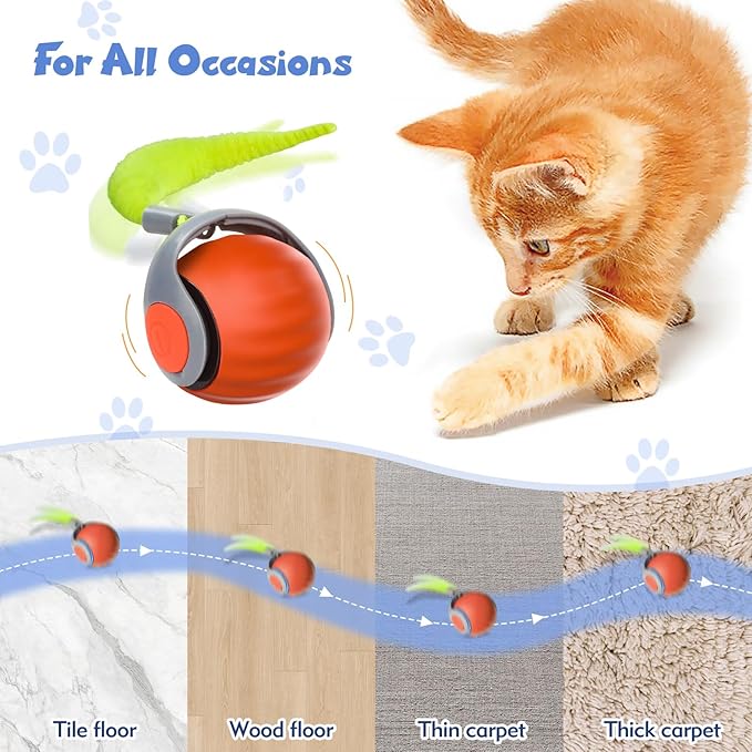 Interactive Cat Toys for Indoor Cats, Automatic Speedy Moving Cat Toy Turbo Ball with Tail 3.0 for Bored Indoor Adult Cats, Rechargeable Chase Motion Activated Kitten Toys - Orange