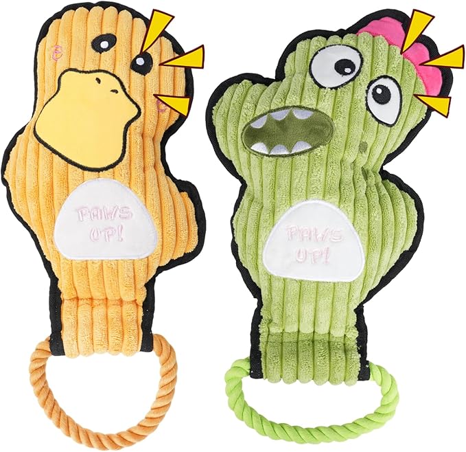 2-Pack Squeaky Dog Toys & Tough Tug of War Set - No Stuffing Chew-Resistant Plush Toys to Keep Them Busy, Best Birthday Gift for Small/Medium/Large Breeds (Ducks & Dino)