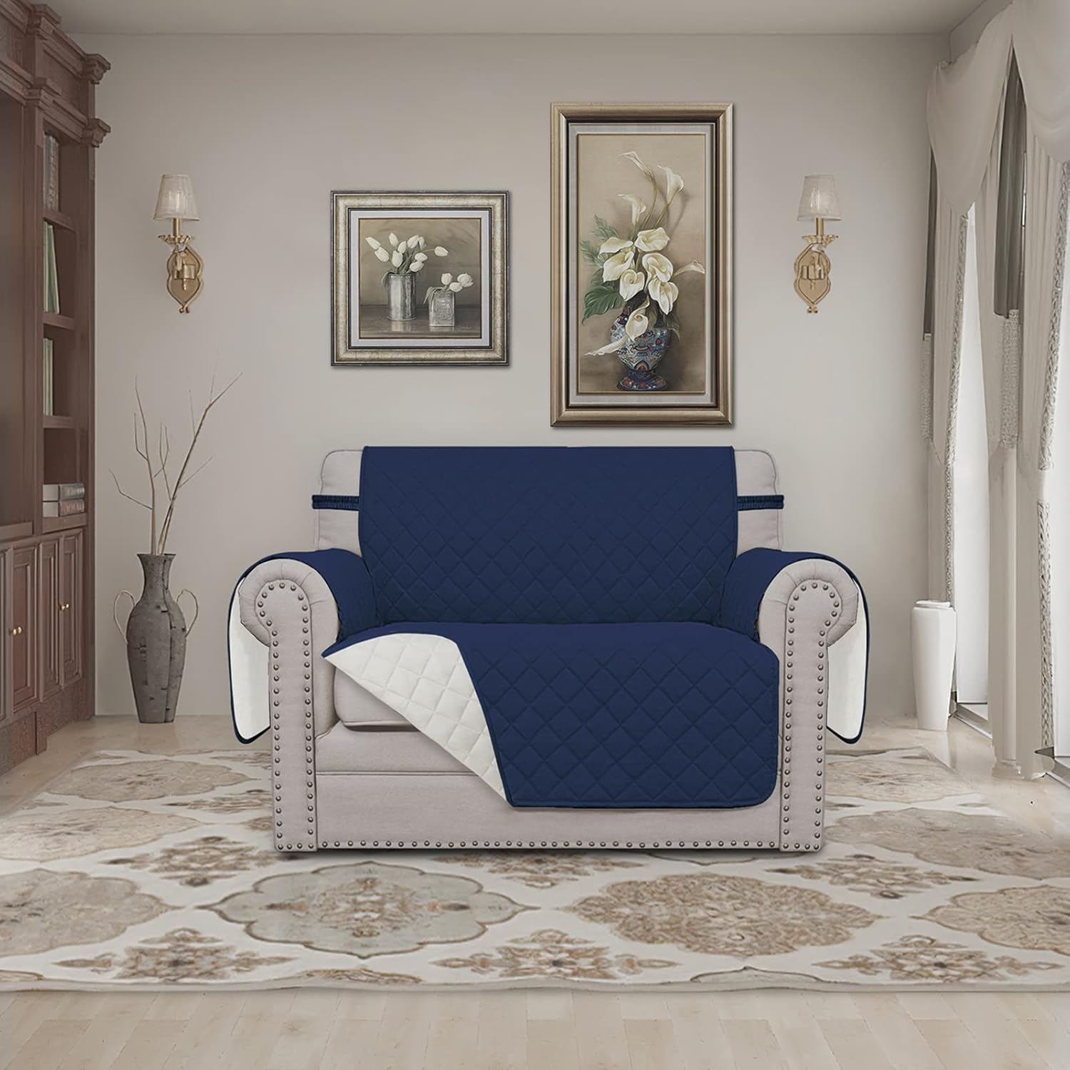 Easy-Going Oversized Chair Sofa Slipcover Reversible Sofa Cover Water Resistant Couch Cover Furniture Protector Cover with Elastic Straps for Pets Dog (Oversized Chair, Navy/Ivory)