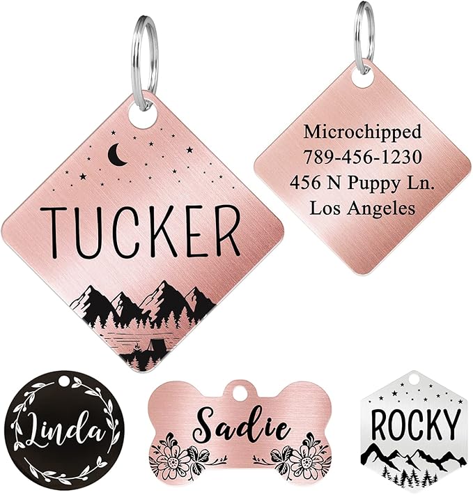Ultra Joys Stainless Steel Pet ID Dog Name Tag - Personalized Front and Back Engraving, Customized for Dogs and Cats, Optional Both Sides Engraving, Diamond Mountain Rose Gold Small
