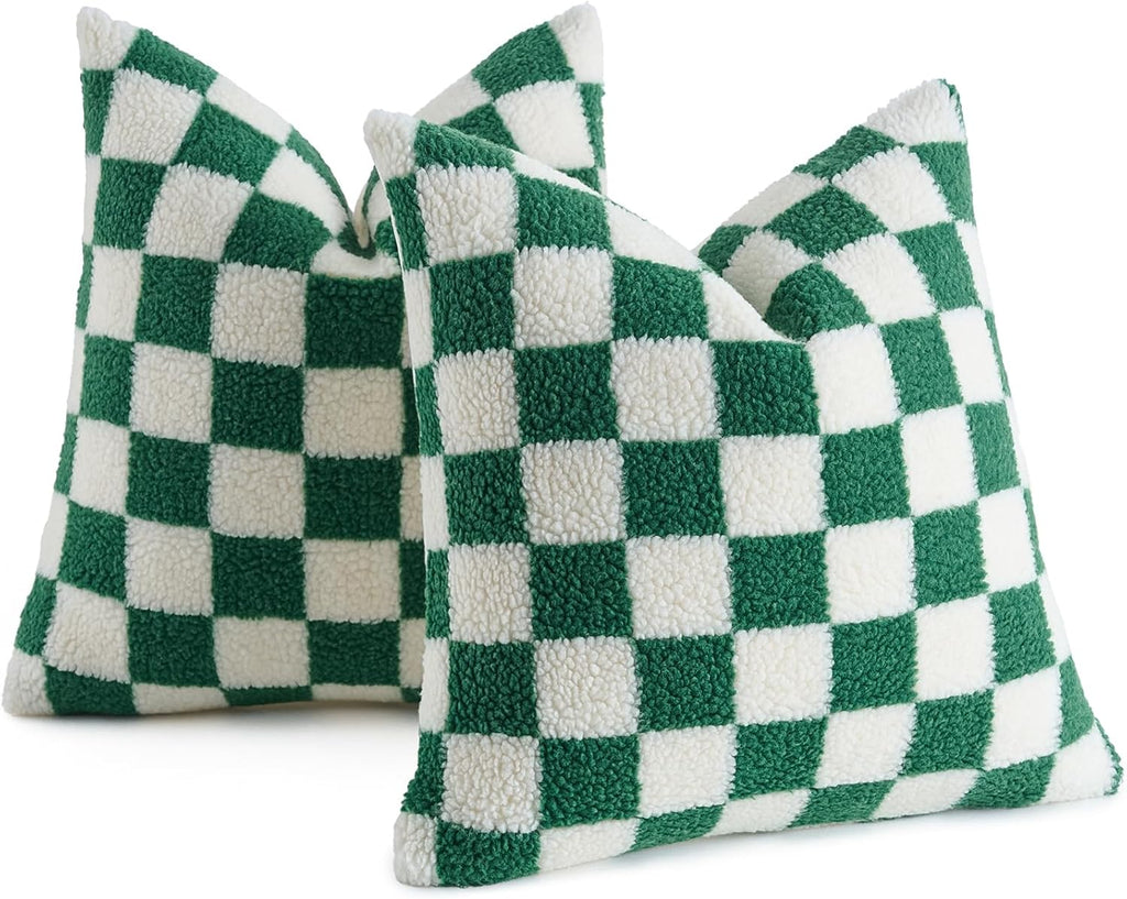 AmHoo Pack of 2 Decorative Throw Pillow Covers Checkerboard Luxury Super Soft Faux Fur Wool Set Case Cushion for Couch Sofa Bedroom 18 x 18-Inch Green