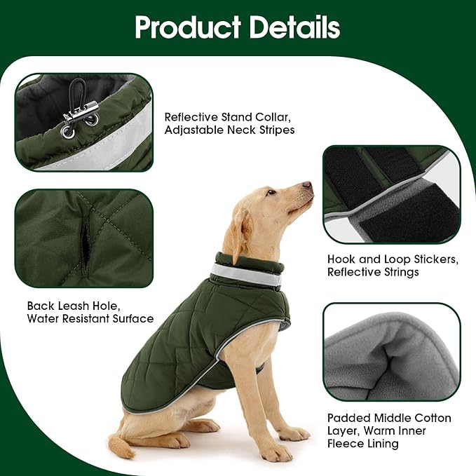 Dog Winter Coat Warm Padded Puppy Jacket Windproof Water Resistant Clothes for Small Medium Large Pets Christmas Sweater Outfit Vest(Green, XS)