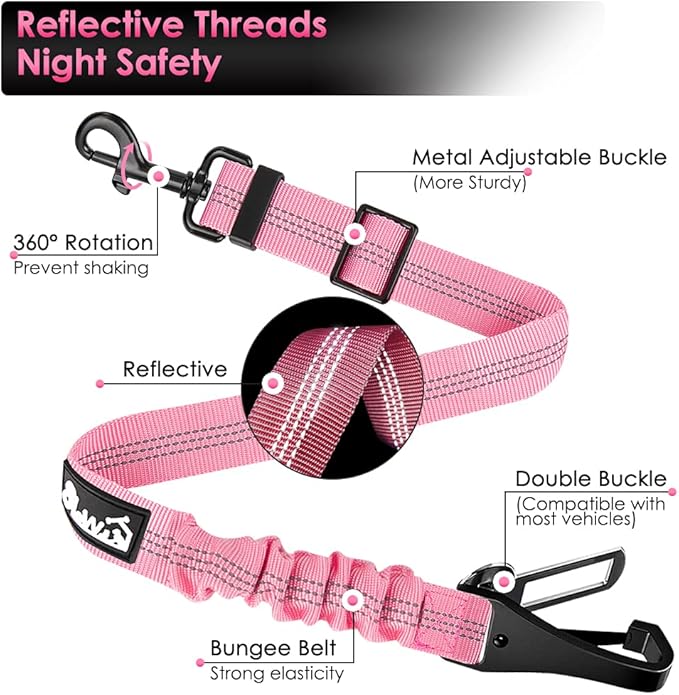 SlowTon Dog Seat Belt, Adjustable Dog Safety Belt Leash, 2 in 1 Latch Bar Attachment Dog Car Seatbelt with Elastic Nylon Bungee Buffer, Reflective Nylon Belt Tether Connect to Dog Harness (Pink)