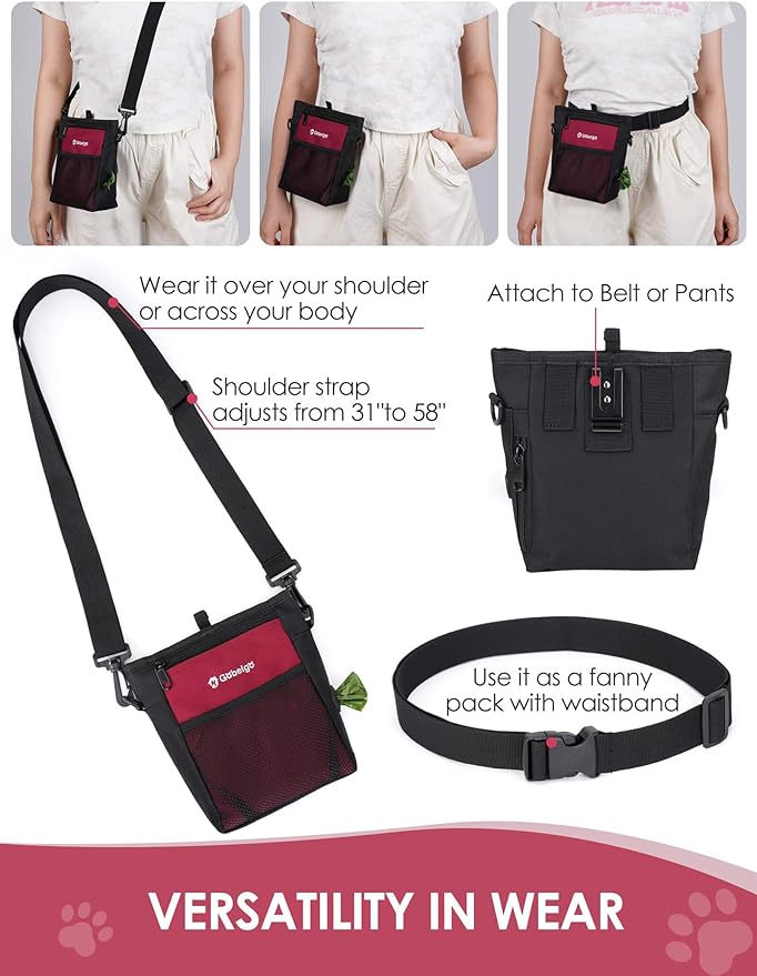 Gobeigo Dog Treat Pouch with Silicone Snack Bag, Front Pocket fits All Phones, 4 Cup Treat Bag with Training Clicker, Upgrade Stronger Magnetic Closure, 3 Ways to Wear Walking Fanny Pack (Red)