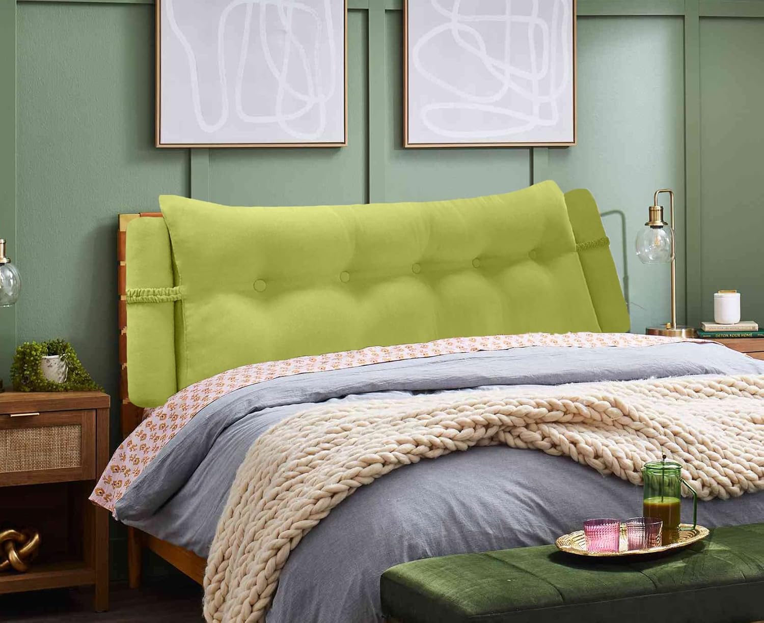 Triangular Reading Bed Rest Pillow Large Bolster Cushion Headboard Backrest Wedge Pillow with Two Detachable Roll Pillows for Neck & Lumbar Support (Lime, King: 77 x 8 x20 inches)