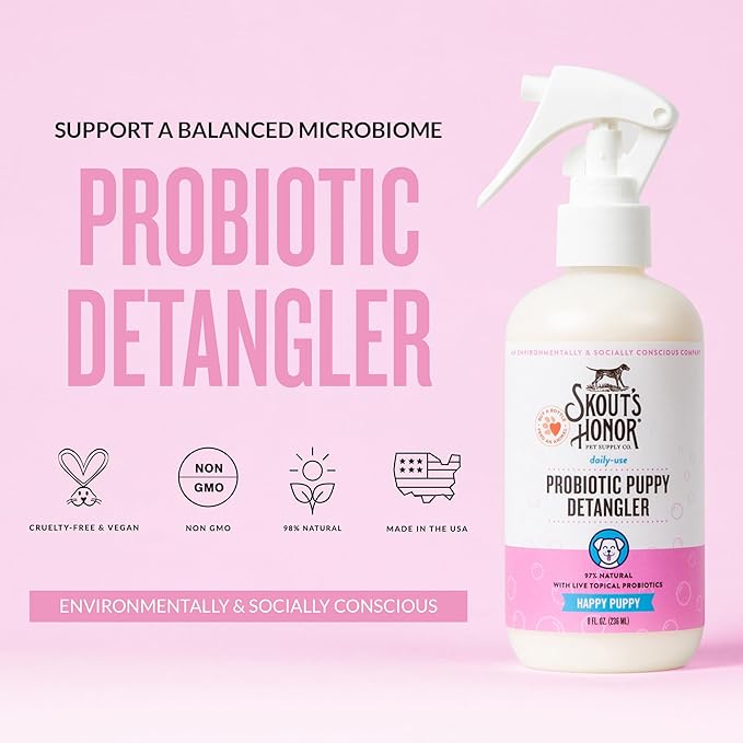 Skout's Honor Probiotic Pet Detangler Spray - Hydrating & Conditioning with Avocado Oil, 97% Natural, Paraben & Sulfate-Free, softens for a More brushable Coat, Daily Use, 8oz, Happy Puppy