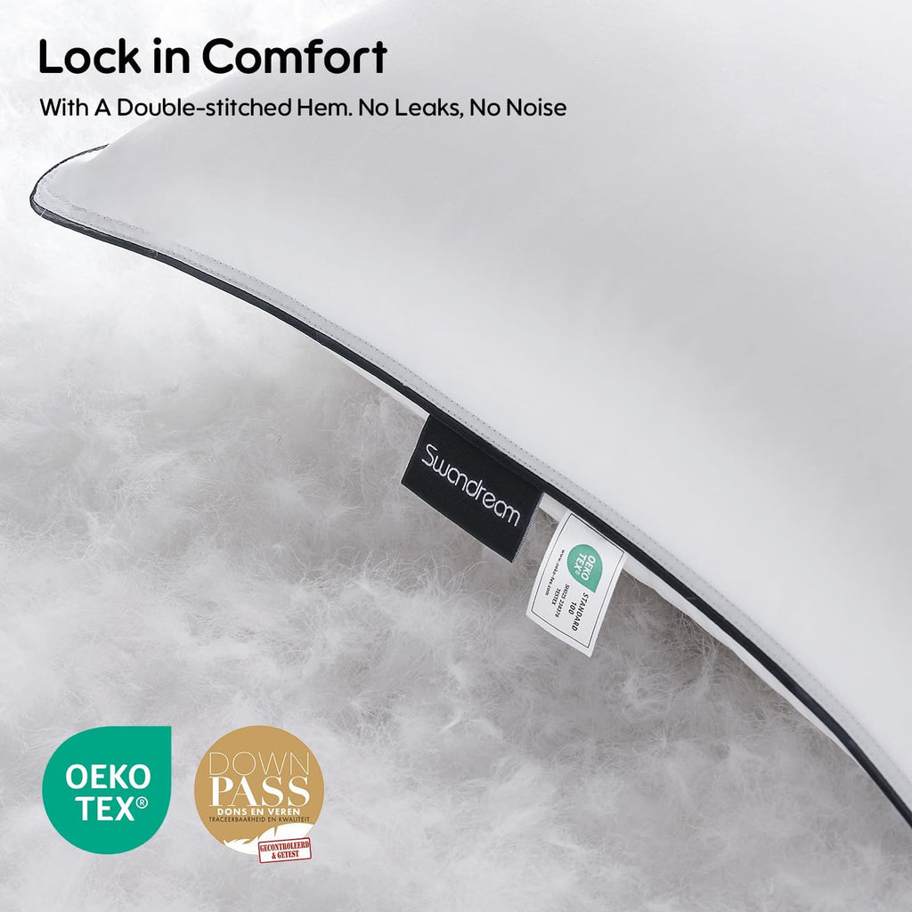 Goose Feather Down Fiber Pillows Standard Size Set of 2, Luxury 3-Chamber Pillows with Soft & Down-Proof Cover, Fluffy Plush Hotel Bed Pillows for Side, Back & Stomach Sleepers, 20"x26"