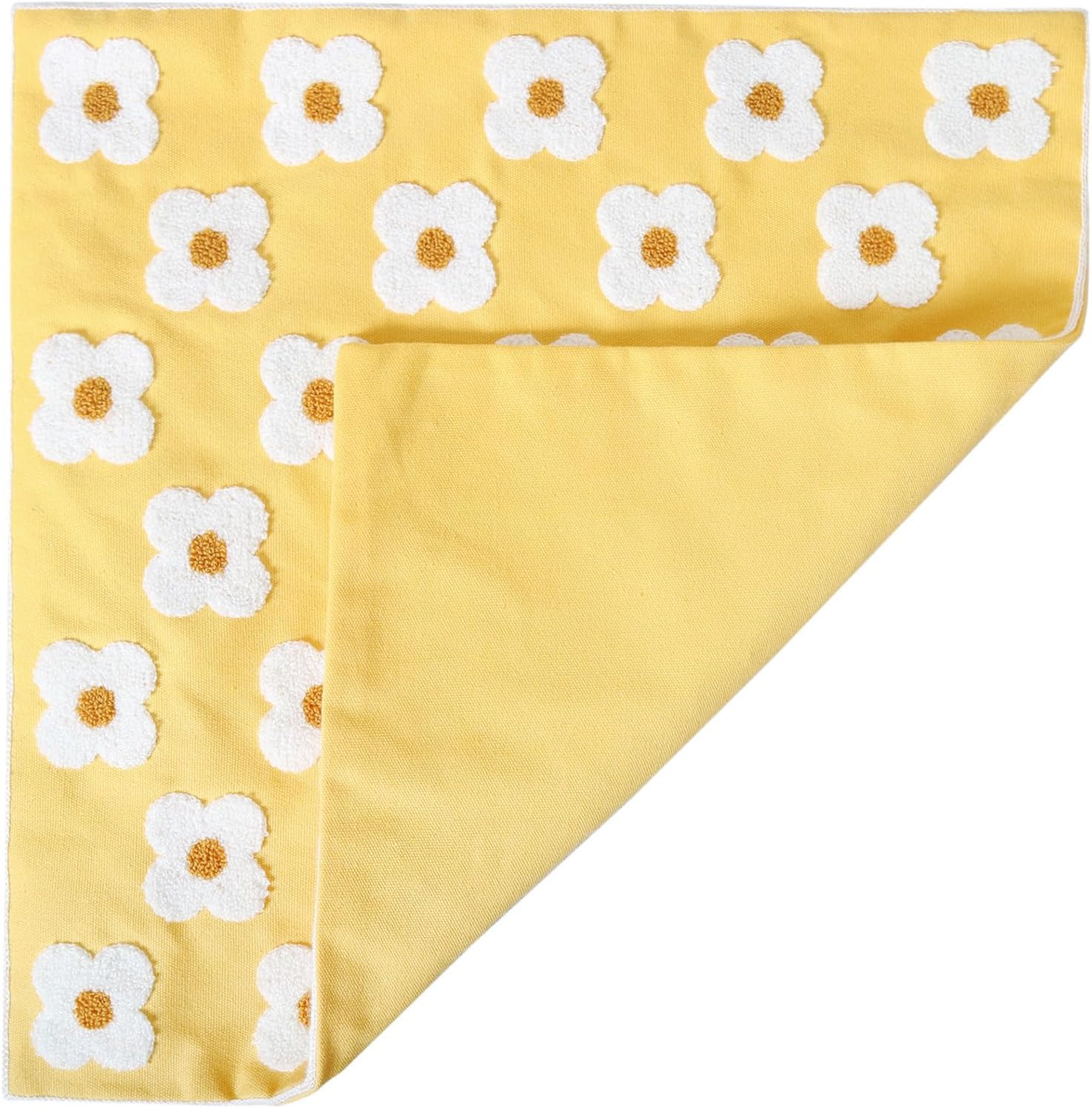 DECOBIRD Embroidery Throw Pillow Cover 20x20 Yellow Floral Design Home Decor Loop Embroidered Pillow Case Thick Cotton Canvas Square Cushion Cover for Couch 50x50cm, 4 Petal Flowers 1 Piece