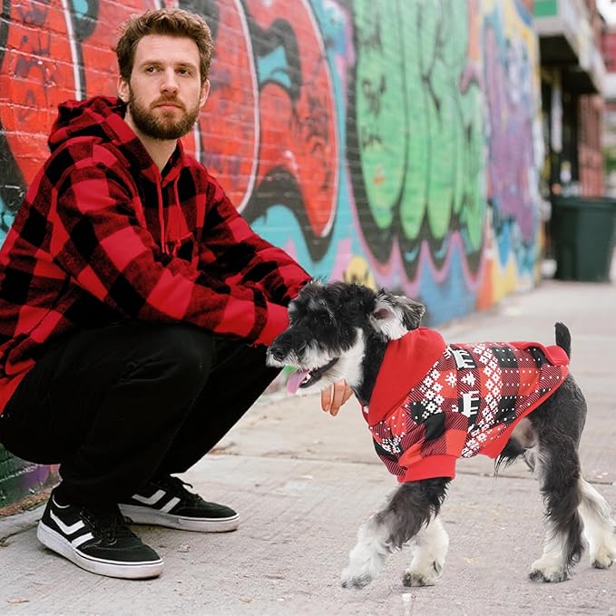 KOOLTAIL Christmas Dog Hoodie,Red Plaid Pet Clothes Sweater with Leash Hole&Pocket for Small Medium Large Dogs, Soft Winter Warm Dog Cold Weather Coat, Fleece Puppy Hooded Sweatshirt for Boys Girls, S