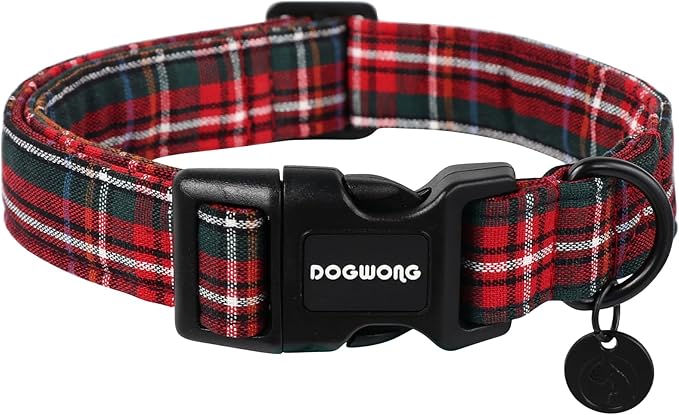 DOGWONG Christmas Cotton Dog Collar, Heavy-Duty Red Plaid Dog Collar Durable Soft Fabric Pet Dog Collars Cute Christmas Checked Puppy Necklace for Large Dogs