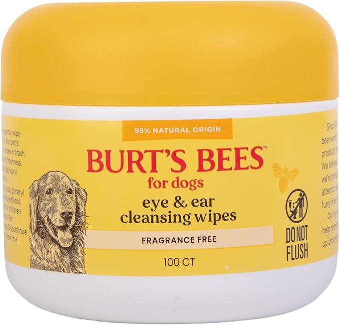 Burt's Bees for Pets Eye & Ear Cleansing Wipes for Dogs, Fragrance-Free, 98% Natural Origin Formulas, Gentle Spot Cleaning Sheets for Dog Eyes and Ears, 100 Count
