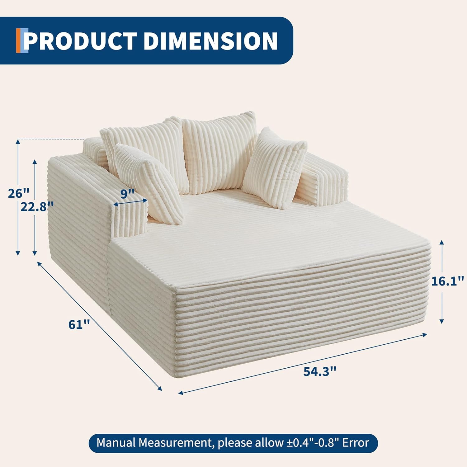 61" Oversized Chaise Lounge Chair Indoor, Boneless Couch Cloud Fluffy Chaise Lounges Corduroy Upholstered Sofa Bed w/Throw Pillows for Living Room Home Beige