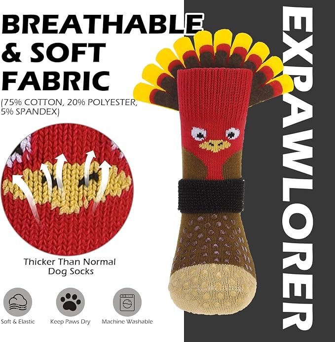 EXPAWLORER Thanksgiving Anti Slip Dog Socks to Prevent Licking Paws,Boots & Paw Protectors with Grippers,Doggie Booties for Hardwood Floors for Small Medium Large Senior Dogs Lifelike Costume Turkey M