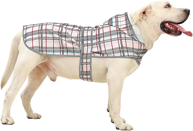 Dog Rain Coat for Large Dogs Waterproof Hooded Rain Jacket with Reflective Strips Leash Hole & Poncho Adjustable Fit (Plaid,XXL)