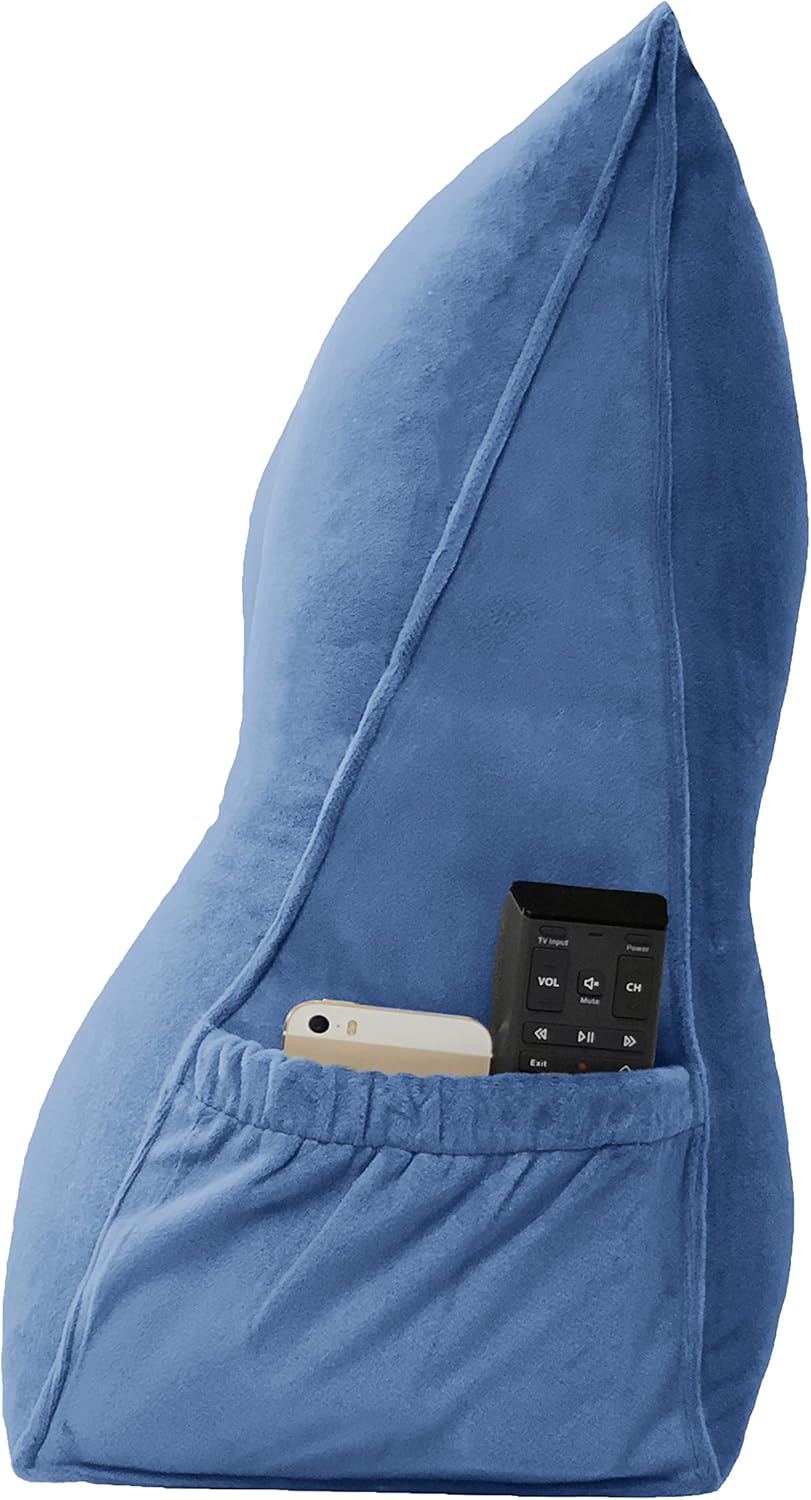 Triangular Reading Bed Rest Pillow Large Bolster Cushion Headboard Backrest Wedge Pillow with Removable Cover and Two Large Side Pockets (Steel Blue, King: 78 x 8 x 20 inches)