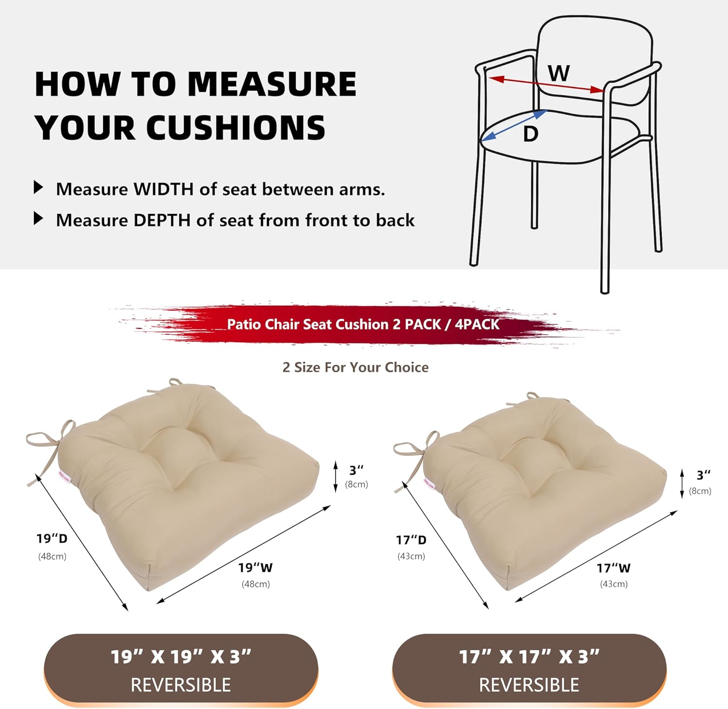 RACE LEAF 4 Pack 19x19 Inch Patio Chair Cushions, Thickened Seat Cushions Waterproof Stain Resistant with Non-Slip Ties (Khaki)