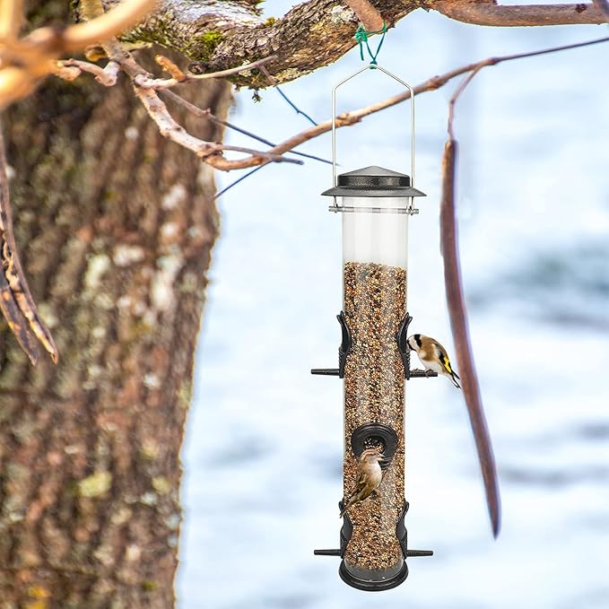 MIXXIDEA Metal Wild Bird Feeders, Squirrel Proof, Hanging 6 Port Tube Transparent Finch Feeders for Attracting Birds in Your Lawn, Garden, Balcony Coffee