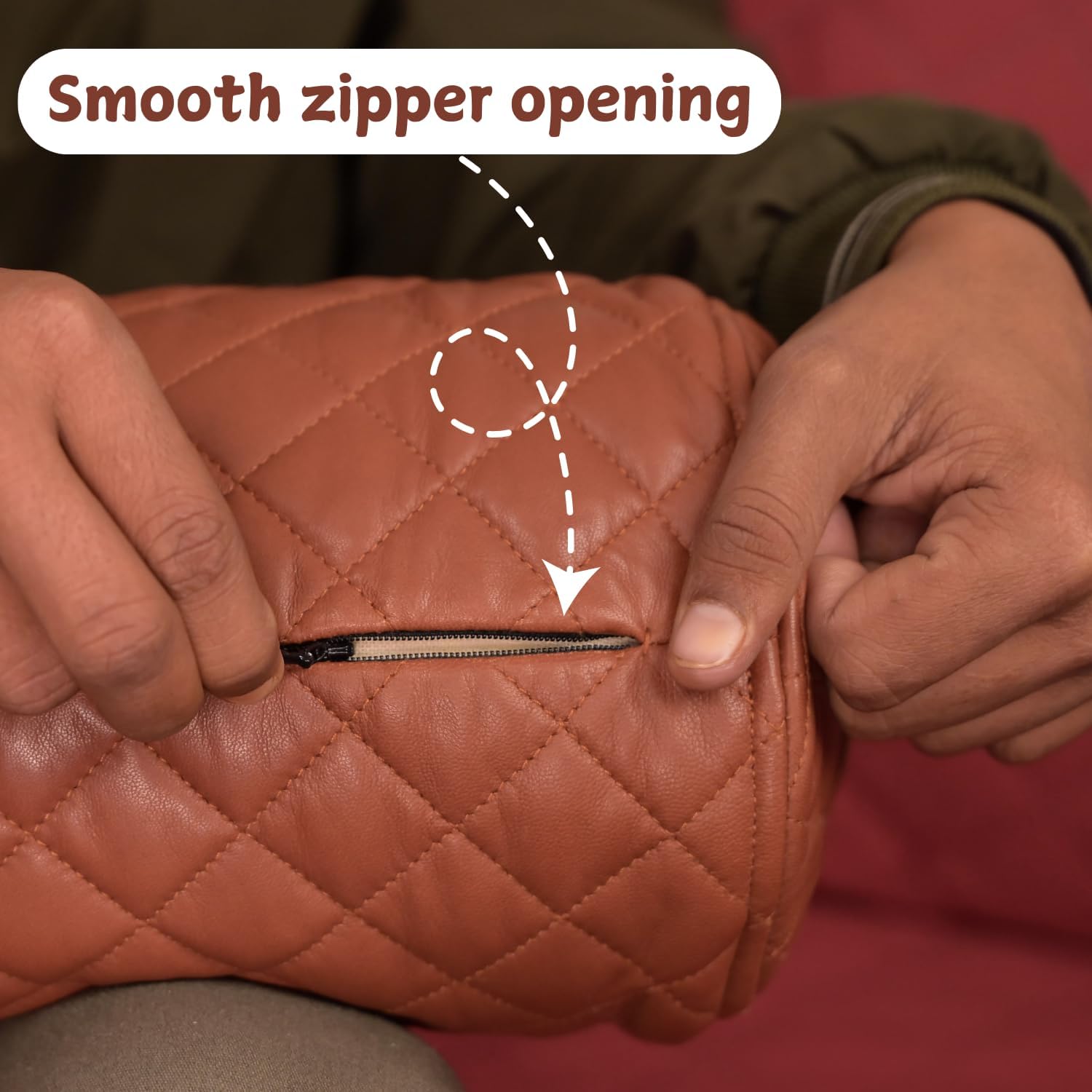 Neck Roll Pillow Cushion Cover, 16x7 Inch Full Moon Round Bolster Pillow Case, Cylinder Soft Lambskin Leather Pillowcase for Head, Spine & Neck Support During Sleep - Quilted Brown Pack of 2