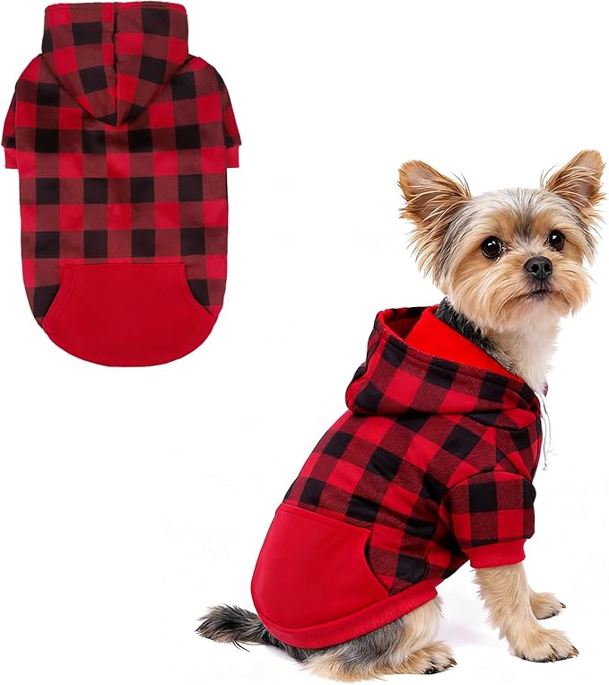 KOOLTAIL Plaid Dog Hoodie Pet Clothes Sweater with Hat and Pocket for Small Medium Large Size Dogs, Soft Winter Warm Dog Cold Weather Coat, Fleece Fall Dog Hooded Sweatshirt for Puppy Cats, Red S