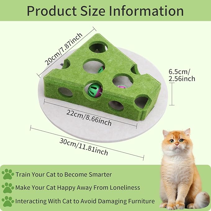 Interactive Felt Cat Toy Box for Indoor Cats,Puzzle Toy with 3 bell Balls & Spring Teaser Pet Games Self Play Fun Exercise Hide Seek Moving Cat Toy for Bored Cats Encourages Hunting Instincts (Green)