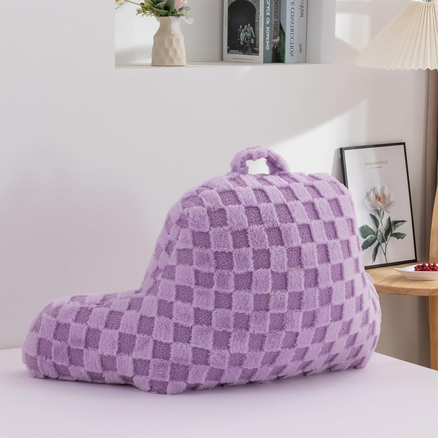 A Nice Night Faux Fur Reading Pillow,Checkered Fluffy Grid Plaid,Bed Wedge Pillow Large Adult Children Backrest with Arms for Bedrest,Purple