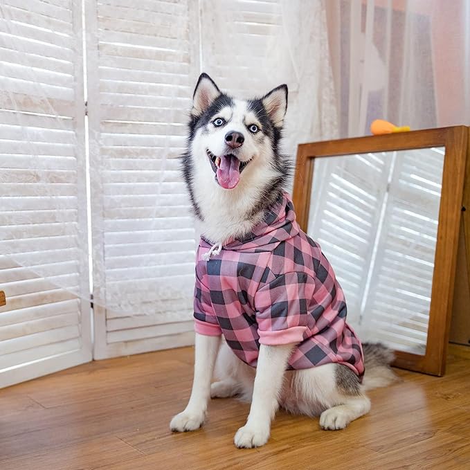 KOOLTAIL Plaid Dog Hoodie Pet Clothes Sweater with Hat and Pocket for Small Medium Large Size Dogs, Soft Winter Warm Dog Cold Weather Coat, Fleece Fall Dog Hooded Sweatshirt for Puppy Cats, Pink L