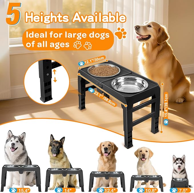 Elevated Dog Bowl Stand for Large Dogs - 2 Extra Large 10” Stainless Steel Bowls, 5 Adjustable Heights(7.5"-15.4"), Foldable Non-Slip & Durable, Portable Heavy Duty Travel Dog Feeder, Black