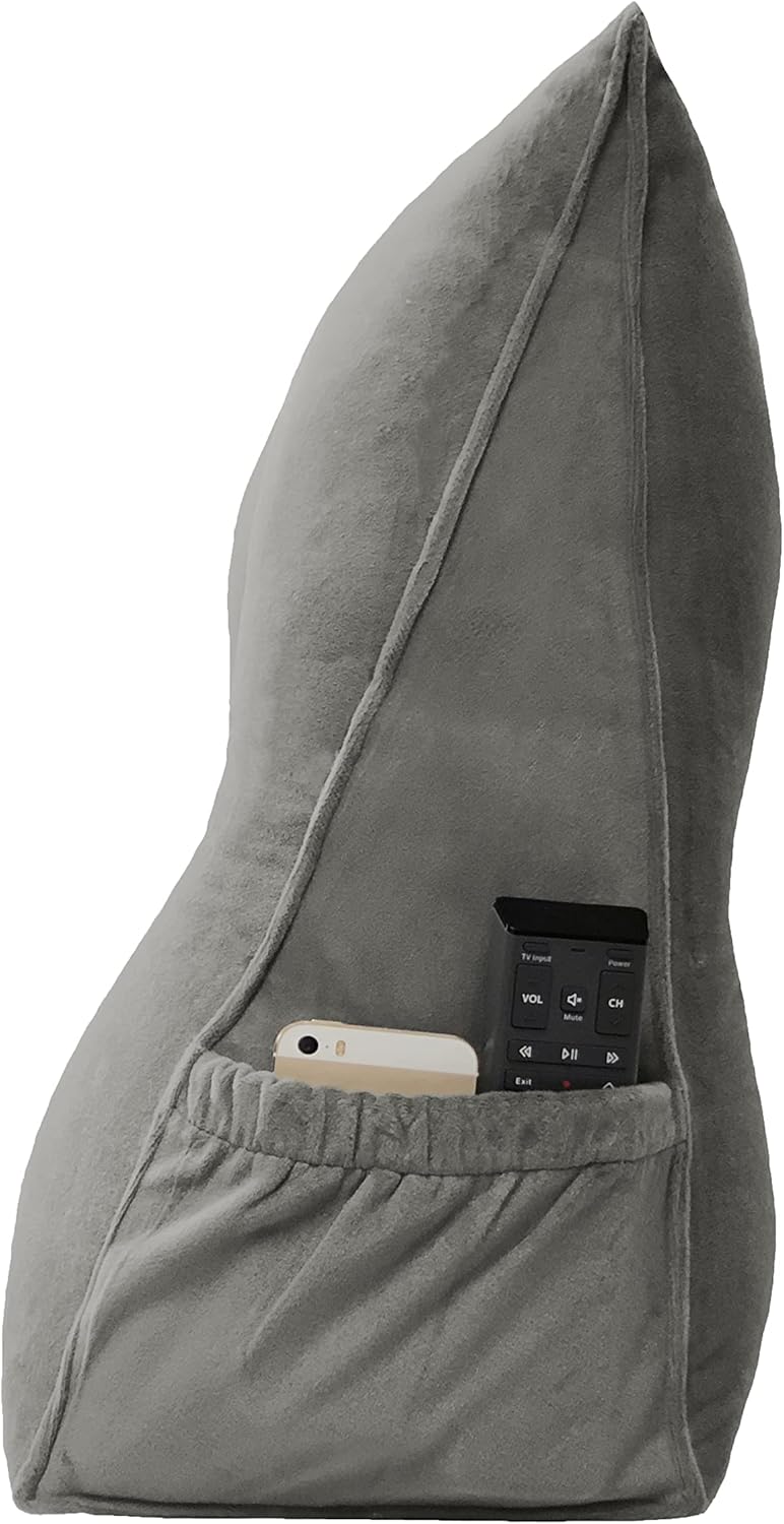 Triangular Reading Bed Rest Pillow Large Bolster Cushion Headboard Backrest Wedge Pillow with Removable Cover and Two Large Side Pockets (Grey, California King: 71 x 8 x 20 inches)